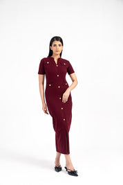 V Neck Knit Dress with Golden Button - Burgundy