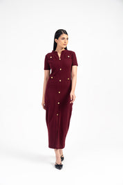 V Neck Knit Dress with Golden Button - Burgundy
