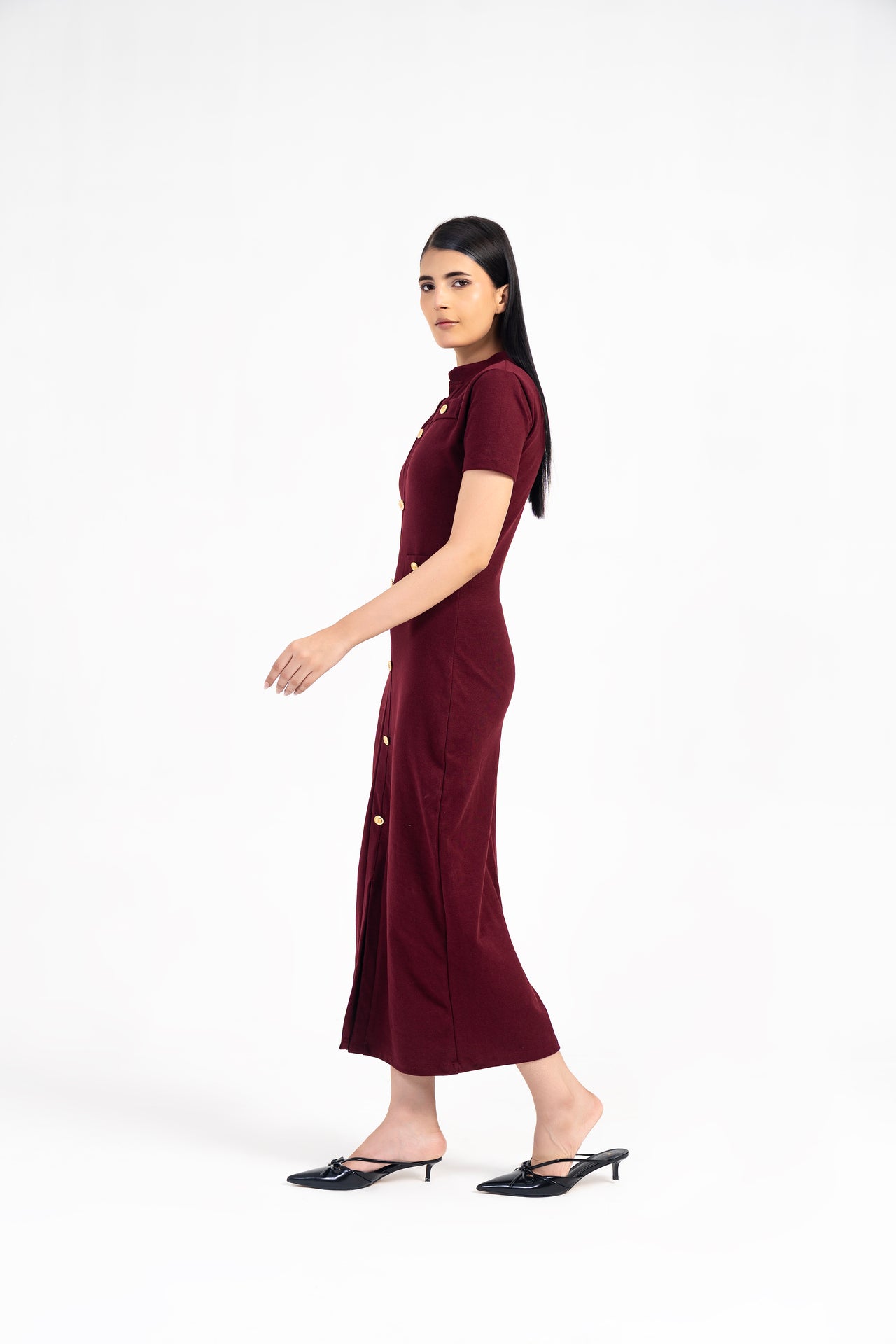 V Neck Knit Dress with Golden Button - Burgundy