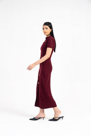 V Neck Knit Dress with Golden Button - Burgundy