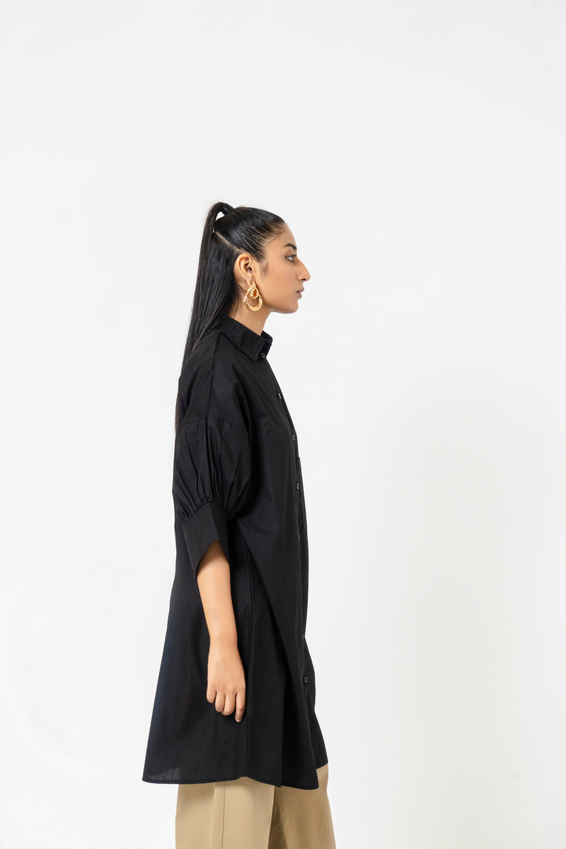 Pleated Cuff Shirt Dress - Black