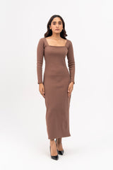 Square Neck knitted Dress - Milky Brown