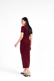V Neck Knit Dress with Golden Button - Burgundy