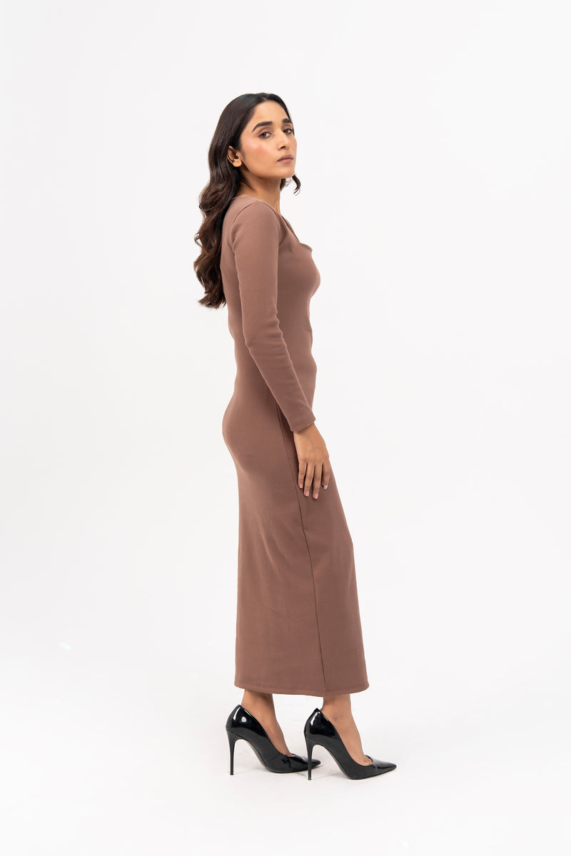 Square Neck knitted Dress - Milky Brown