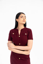 V Neck Knit Dress with Golden Button - Burgundy