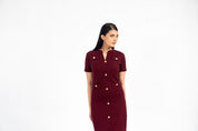 V Neck Knit Dress with Golden Button - Burgundy