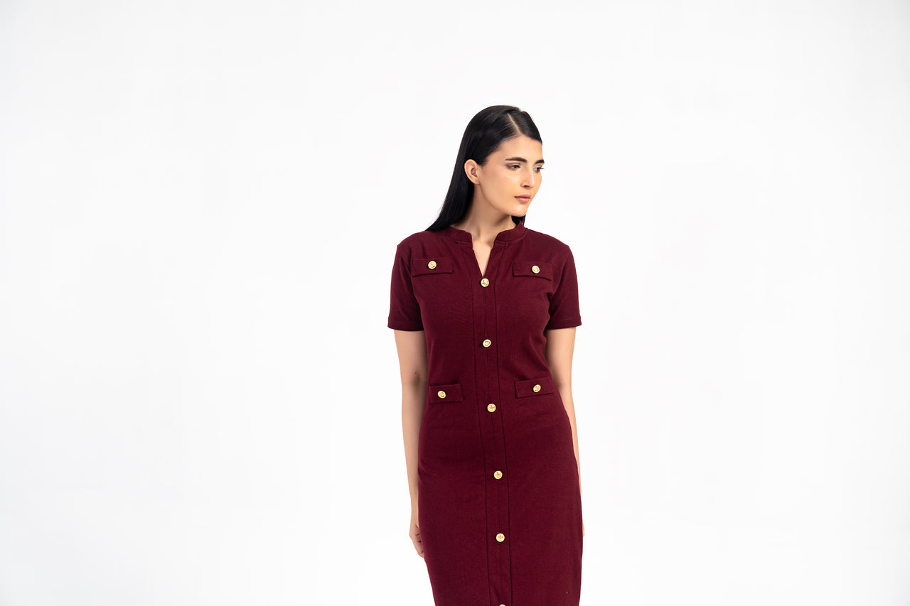 V Neck Knit Dress with Golden Button - Burgundy