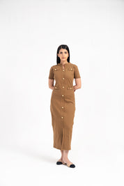 V Neck Knit Dress with Golden Button - Brown