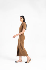 V Neck Knit Dress with Golden Button - Brown