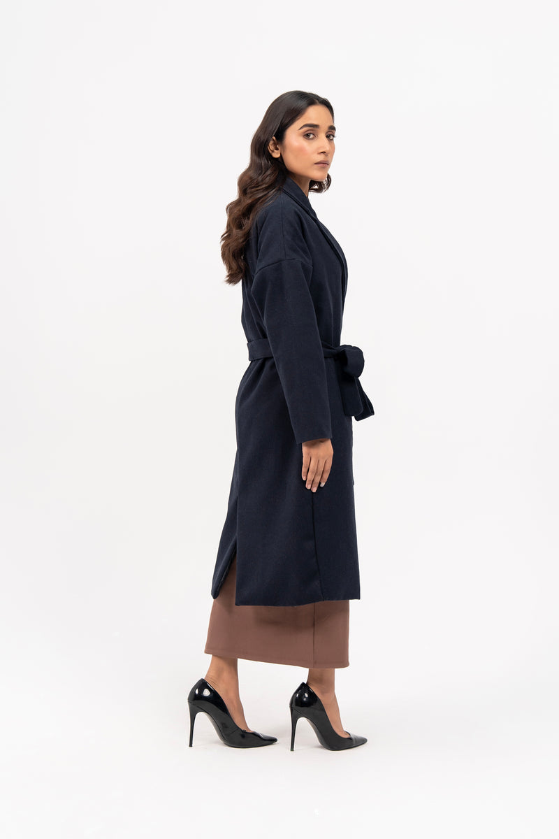 Oversized Belted Wool Coat - Navy Blue