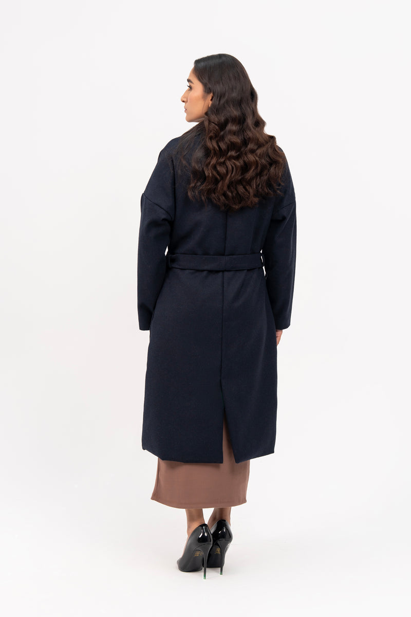 Oversized Belted Wool Coat - Navy Blue