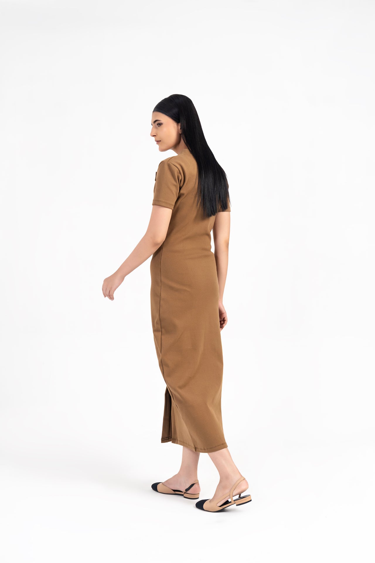 V Neck Knit Dress with Golden Button - Brown