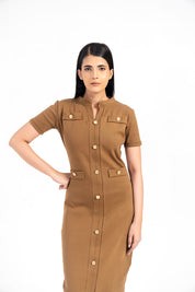 V Neck Knit Dress with Golden Button - Brown