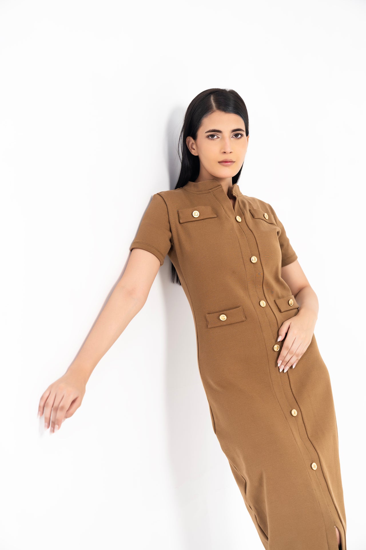 V Neck Knit Dress with Golden Button - Brown