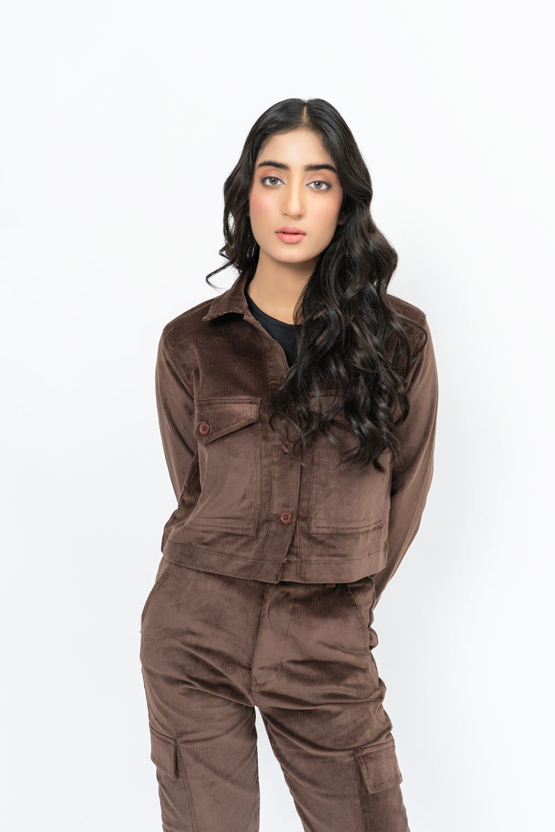 Cropped Jacket in Corduroy - Chocolate Brown