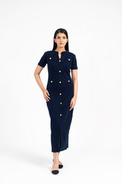 V Neck Knit Dress with Golden Button - Navy Blue