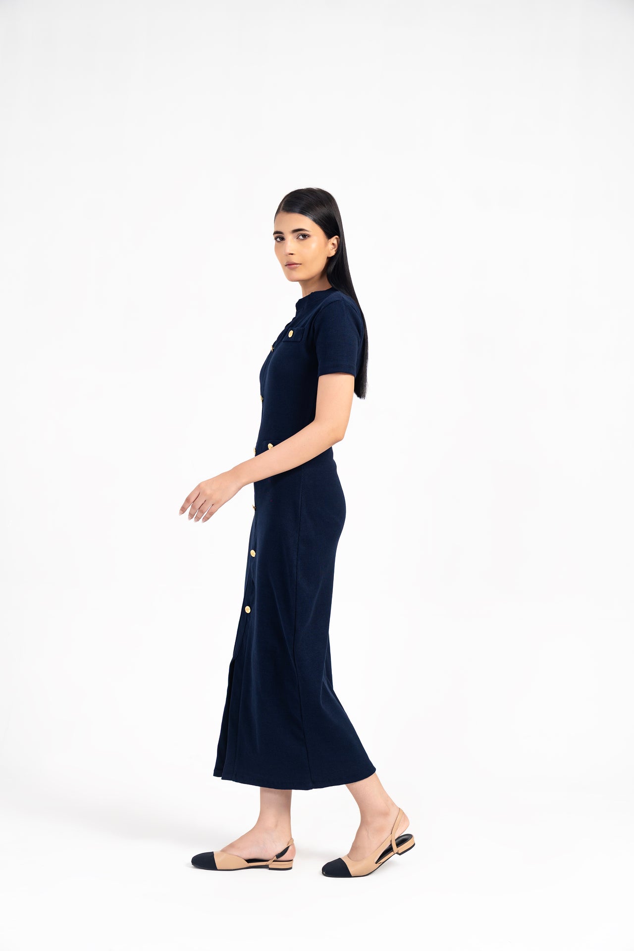 V Neck Knit Dress with Golden Button - Navy Blue