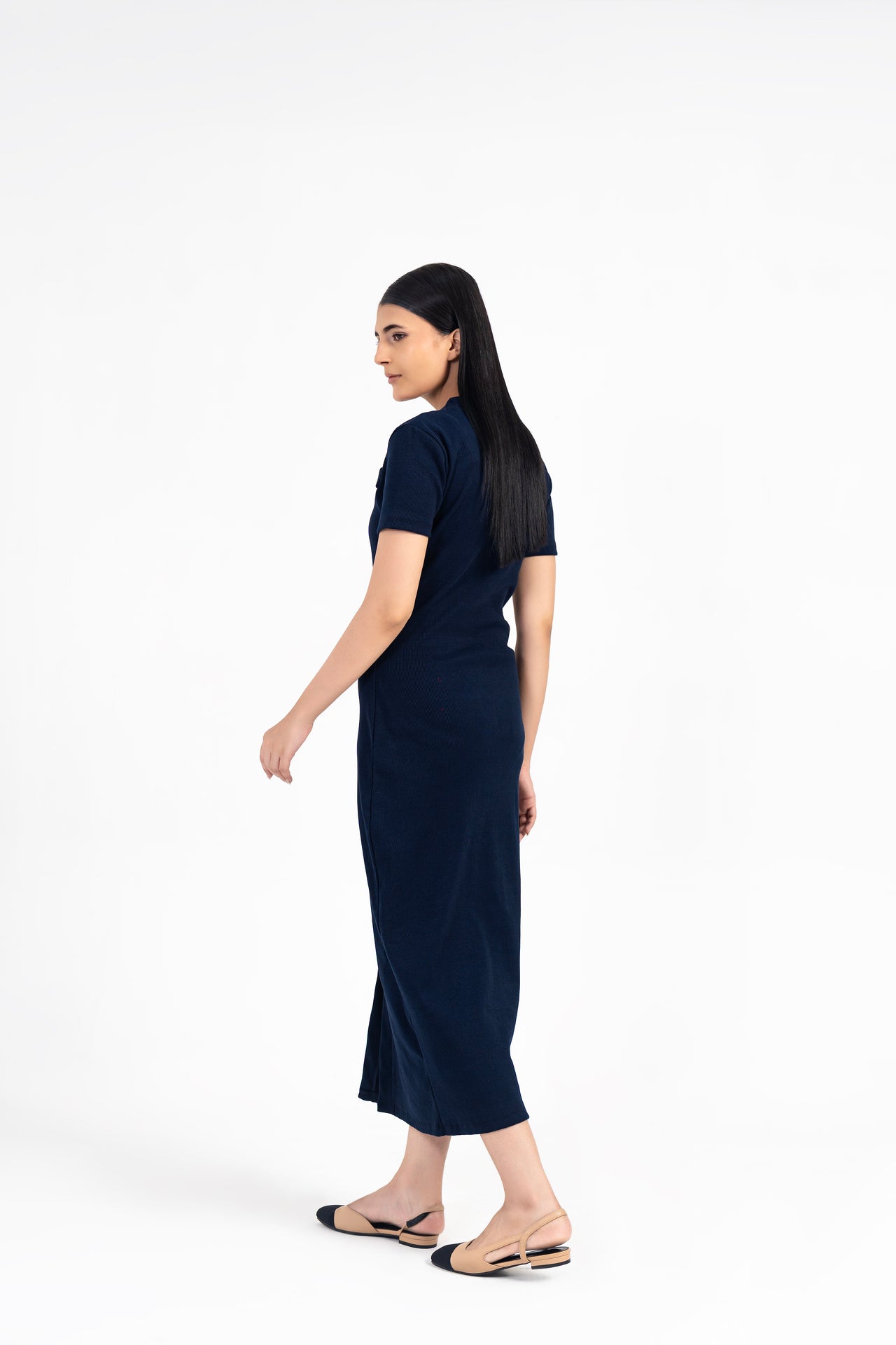 V Neck Knit Dress with Golden Button - Navy Blue