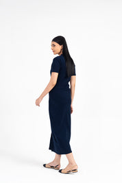 V Neck Knit Dress with Golden Button - Navy Blue