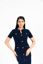 V Neck Knit Dress with Golden Button - Navy Blue