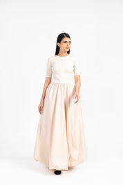Short Sleeve Ribbed Bubble Hem Dress - Cream