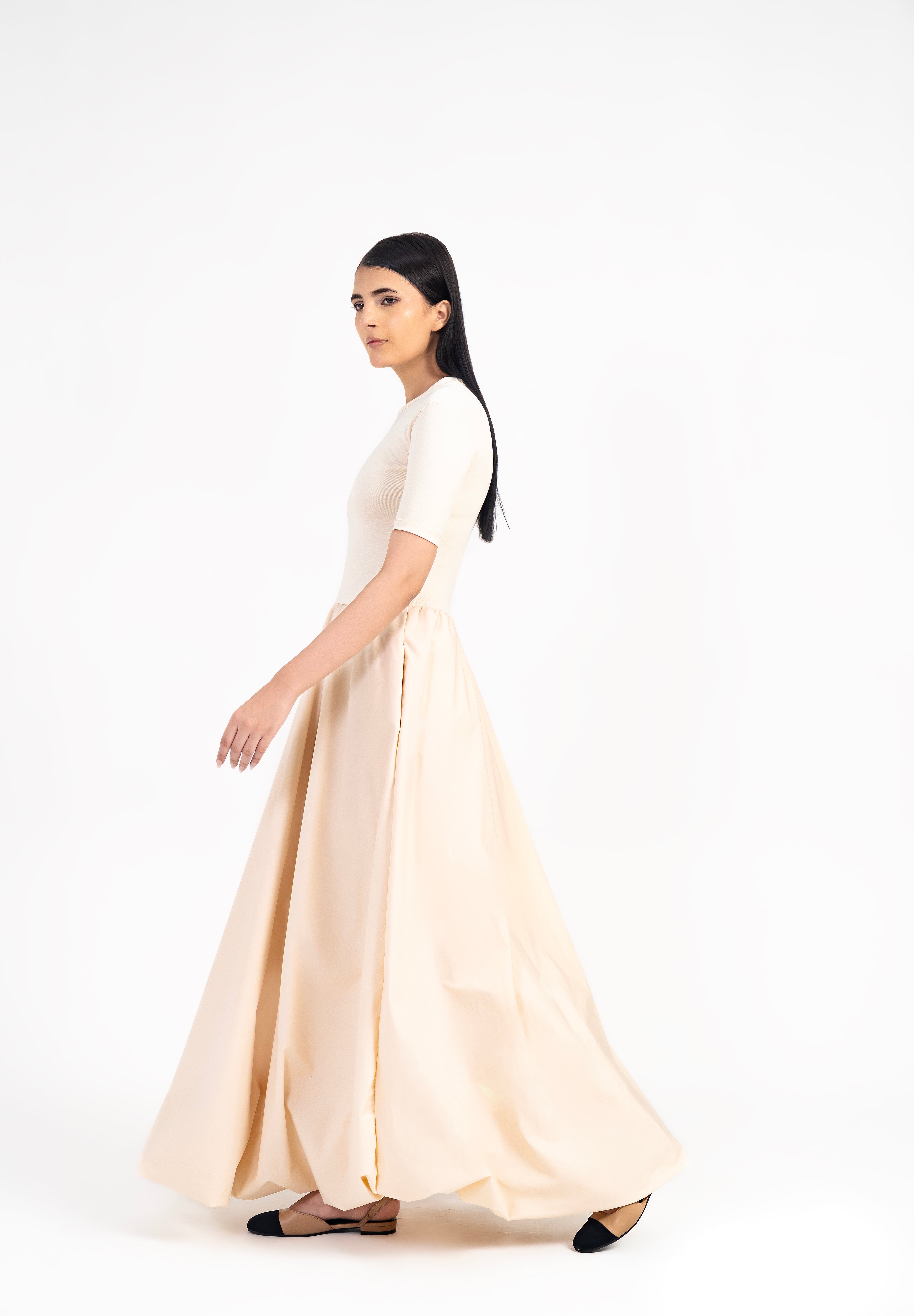 Short Sleeve Ribbed Bubble Hem Dress - Cream