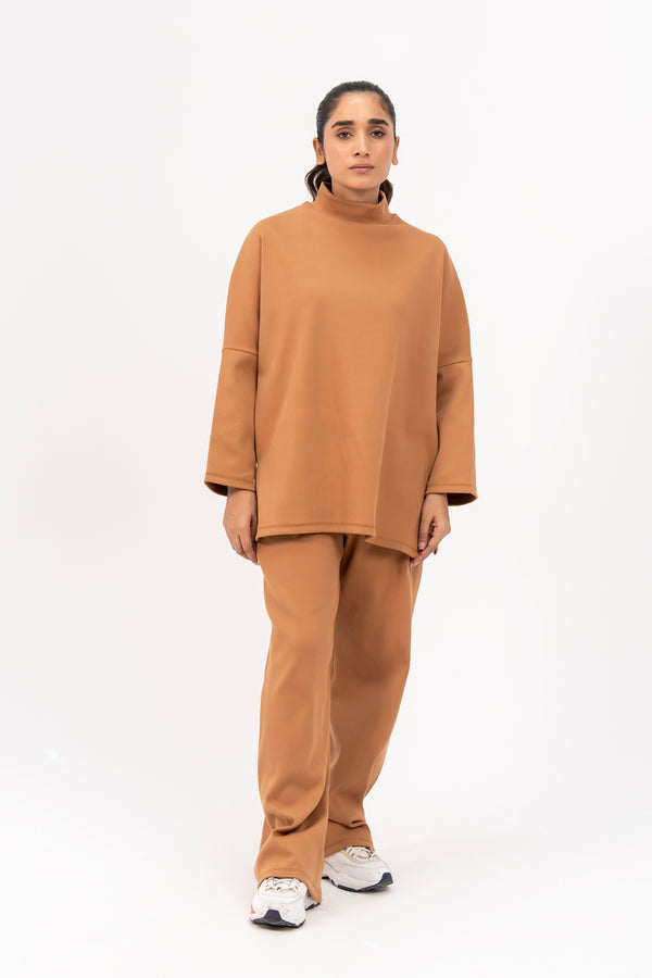 Oversized High Neck Knit Top - Camel