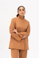 Oversized High Neck Knit Top - Camel