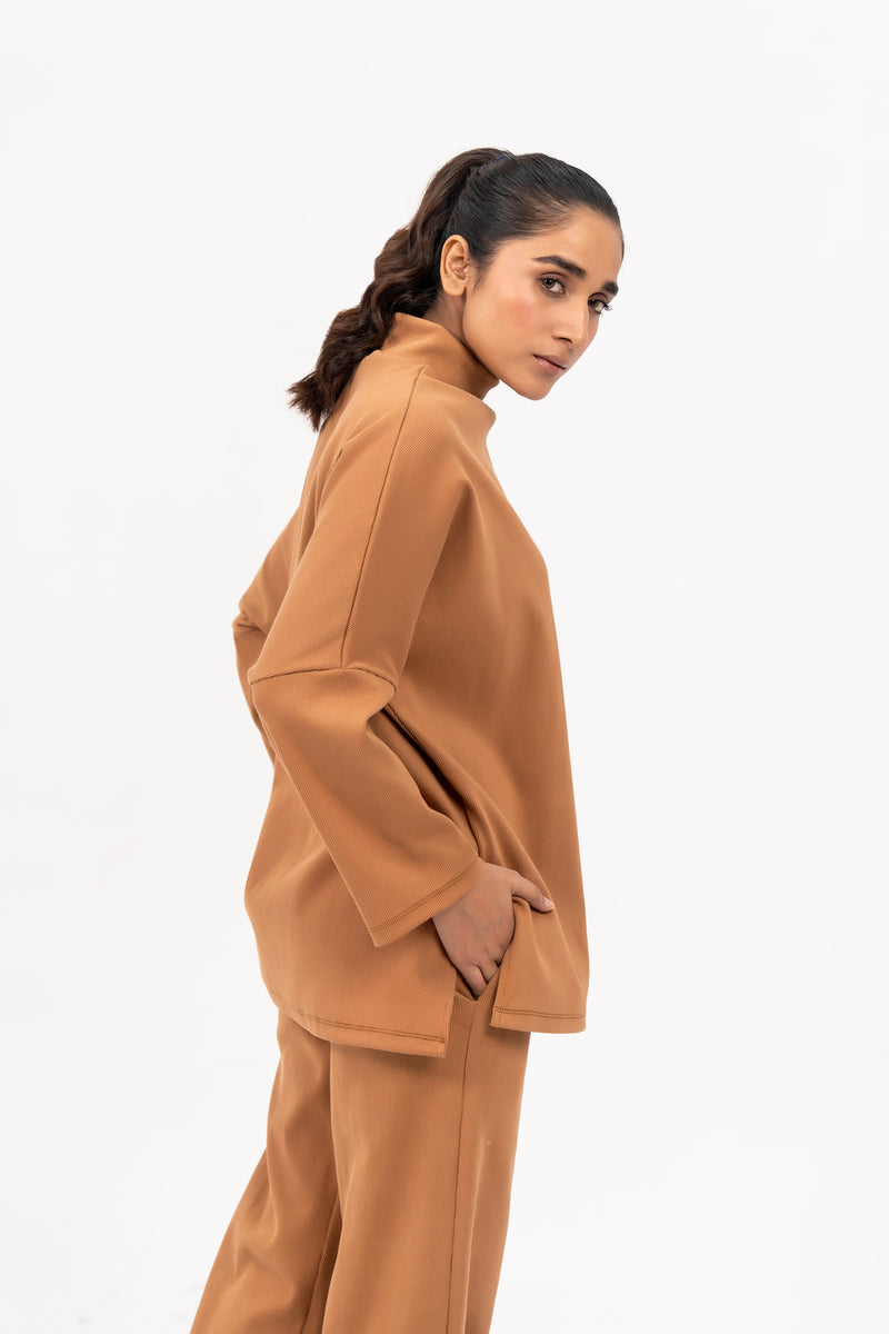 Oversized High Neck Knit Top - Camel