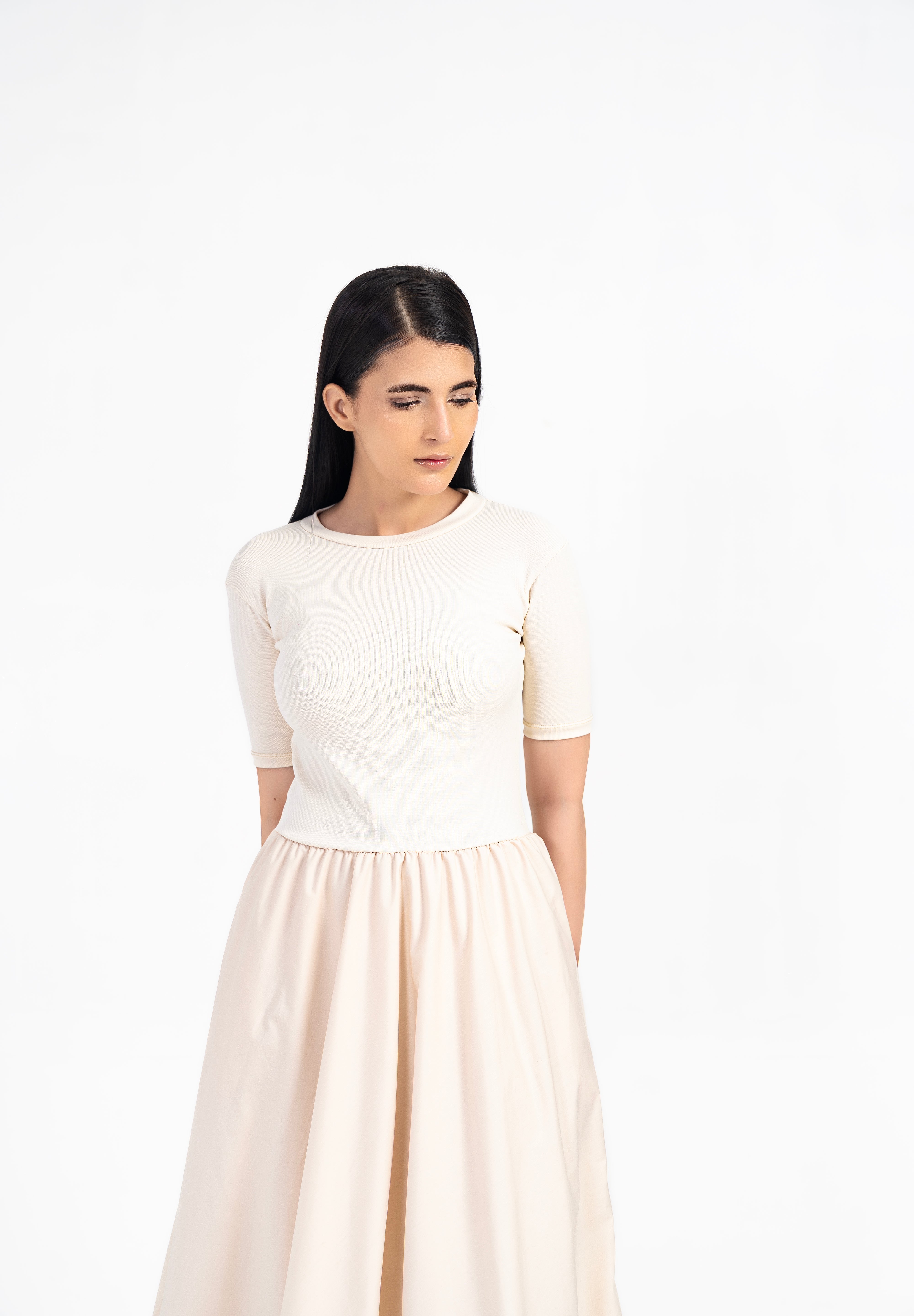 Short Sleeve Ribbed Bubble Hem Dress - Cream