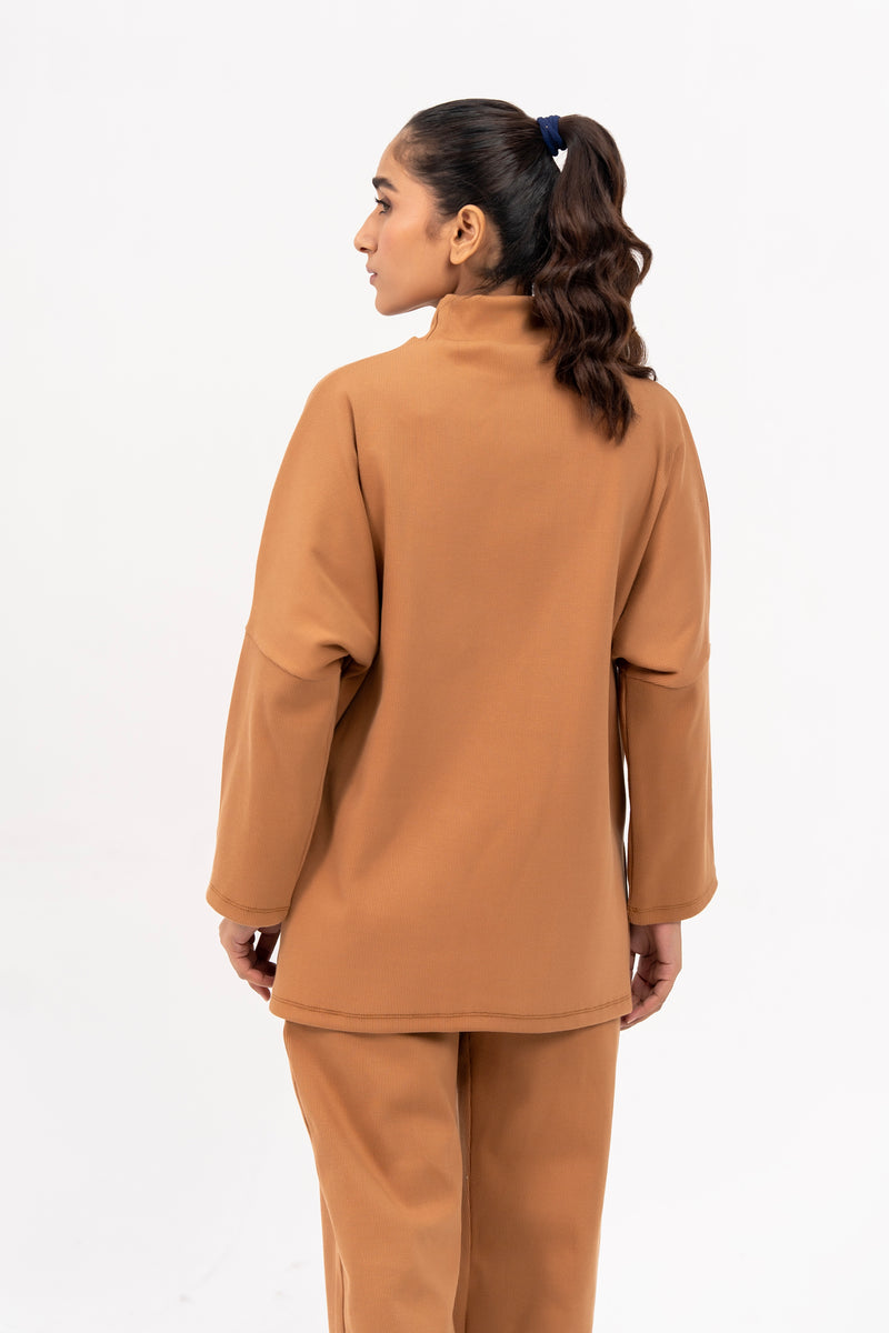 Oversized High Neck Knit Top - Camel