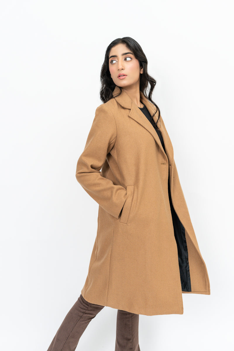 Classic One-Button Wool Coat - Camel Brown