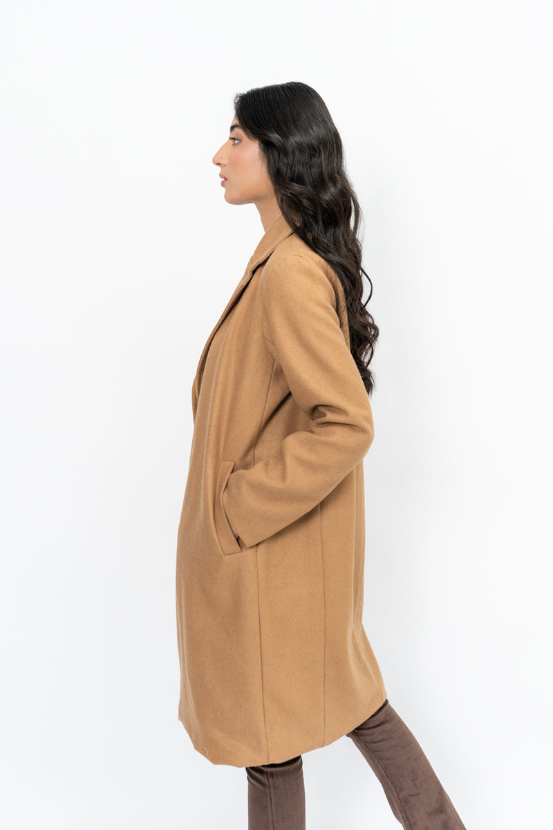 Classic One-Button Wool Coat - Camel Brown