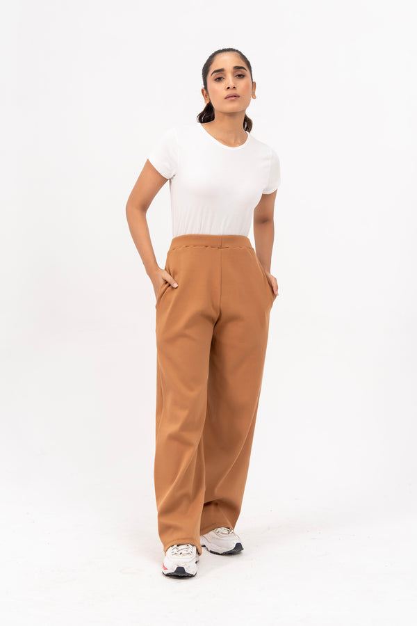 Rib Knit Wide Leg Pant with Pocket - Camel