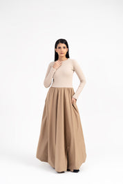 Full Sleeve Ribbed Bubble Hem Dress - Dark Beige