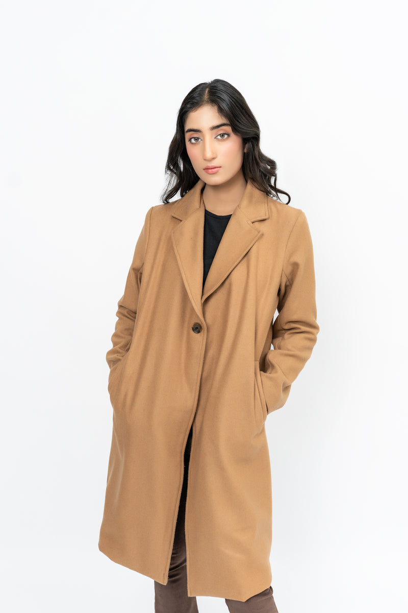 Classic One-Button Wool Coat - Camel Brown
