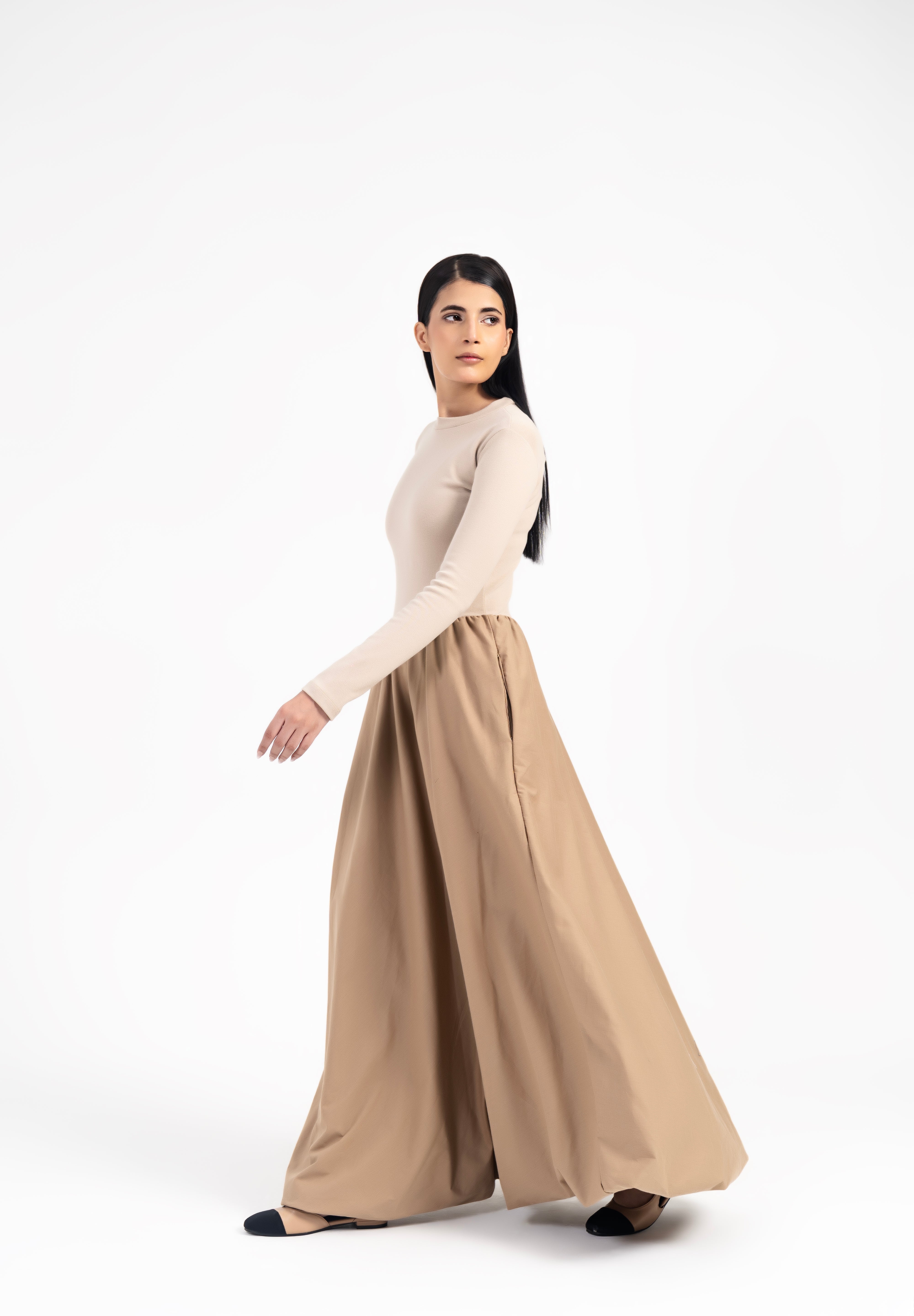 Full Sleeve Ribbed Bubble Hem Dress - Dark Beige