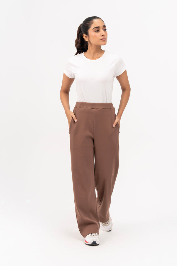 Rib Knit Wide Leg Pant with Pocket - Milky Brown