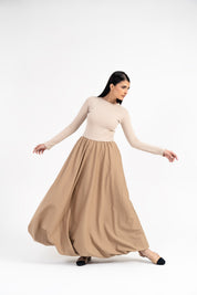 Full Sleeve Ribbed Bubble Hem Dress - Dark Beige