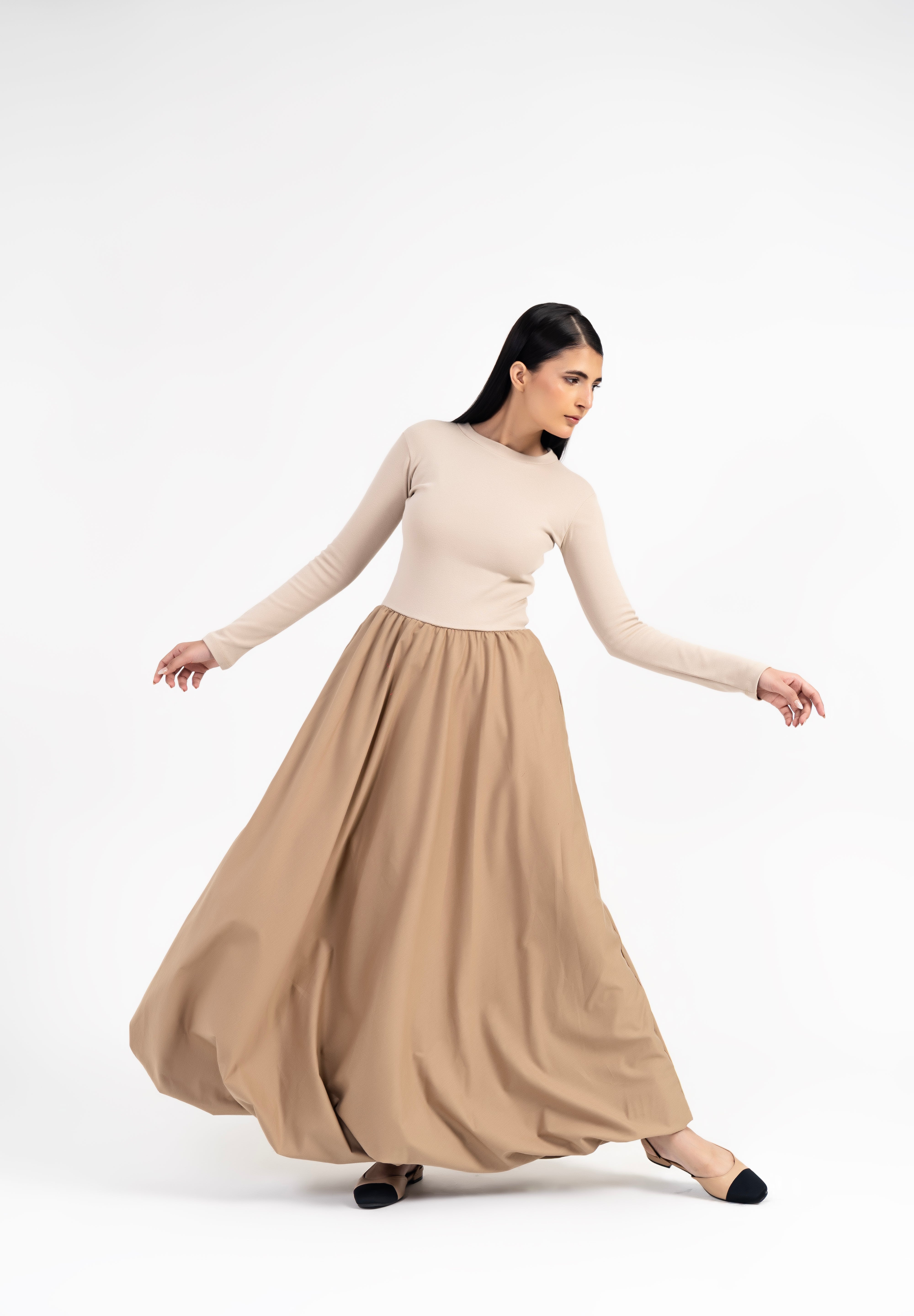 Full Sleeve Ribbed Bubble Hem Dress - Dark Beige