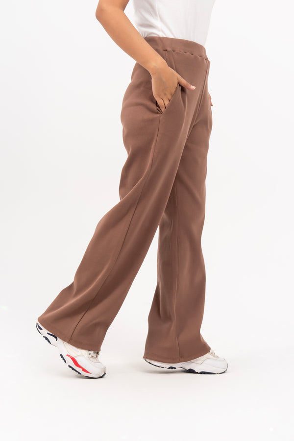 Rib Knit Wide Leg Pant with Pocket - Milky Brown