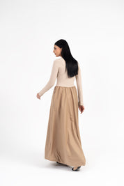 Full Sleeve Ribbed Bubble Hem Dress - Dark Beige