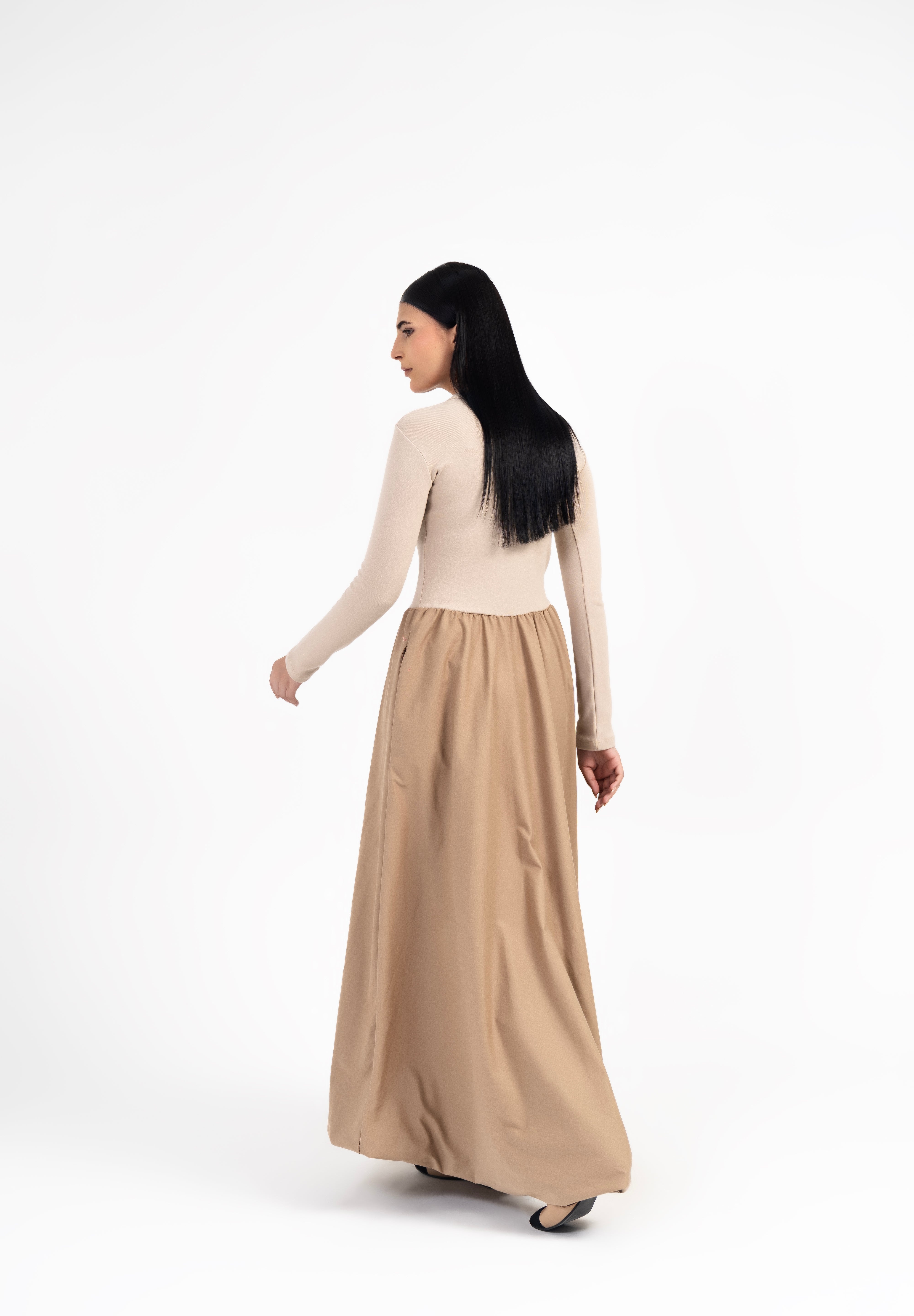 Full Sleeve Ribbed Bubble Hem Dress - Dark Beige