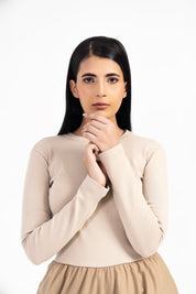 Full Sleeve Ribbed Bubble Hem Dress - Dark Beige