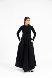 Full Sleeve Ribbed Bubble Hem Dress - Black