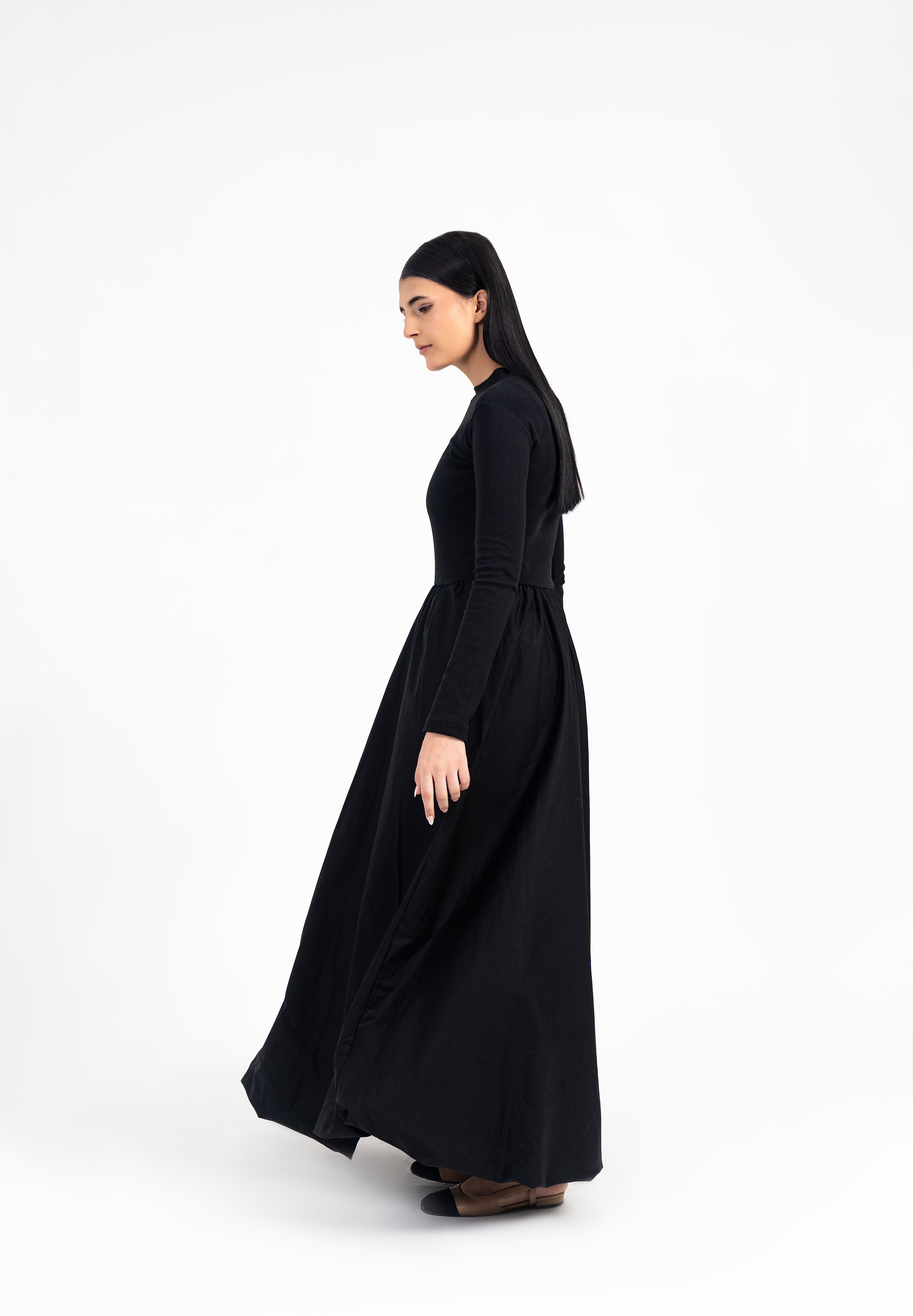 Full Sleeve Ribbed Bubble Hem Dress - Black