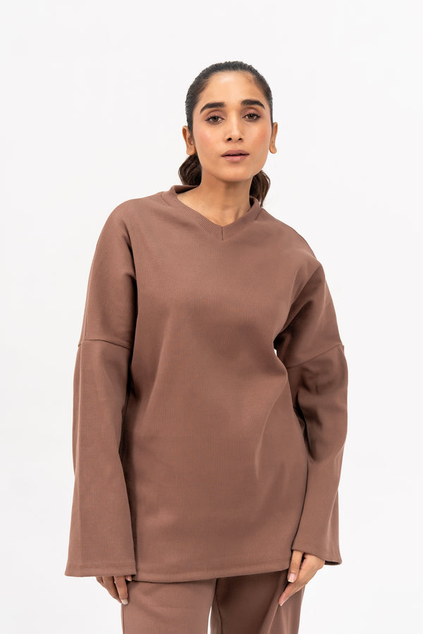 V Neck Overdesign Knit Top - Milky Brown