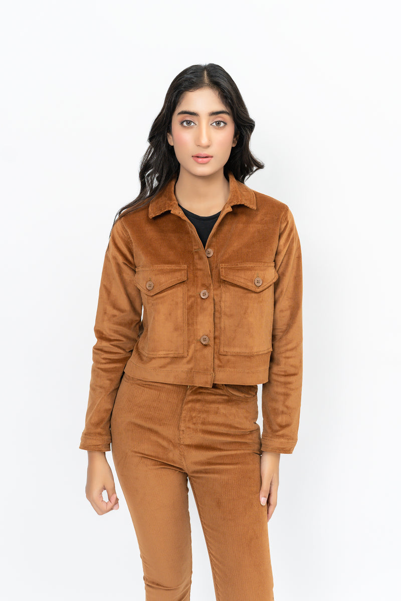 Cropped Jacket in Corduroy - Brown