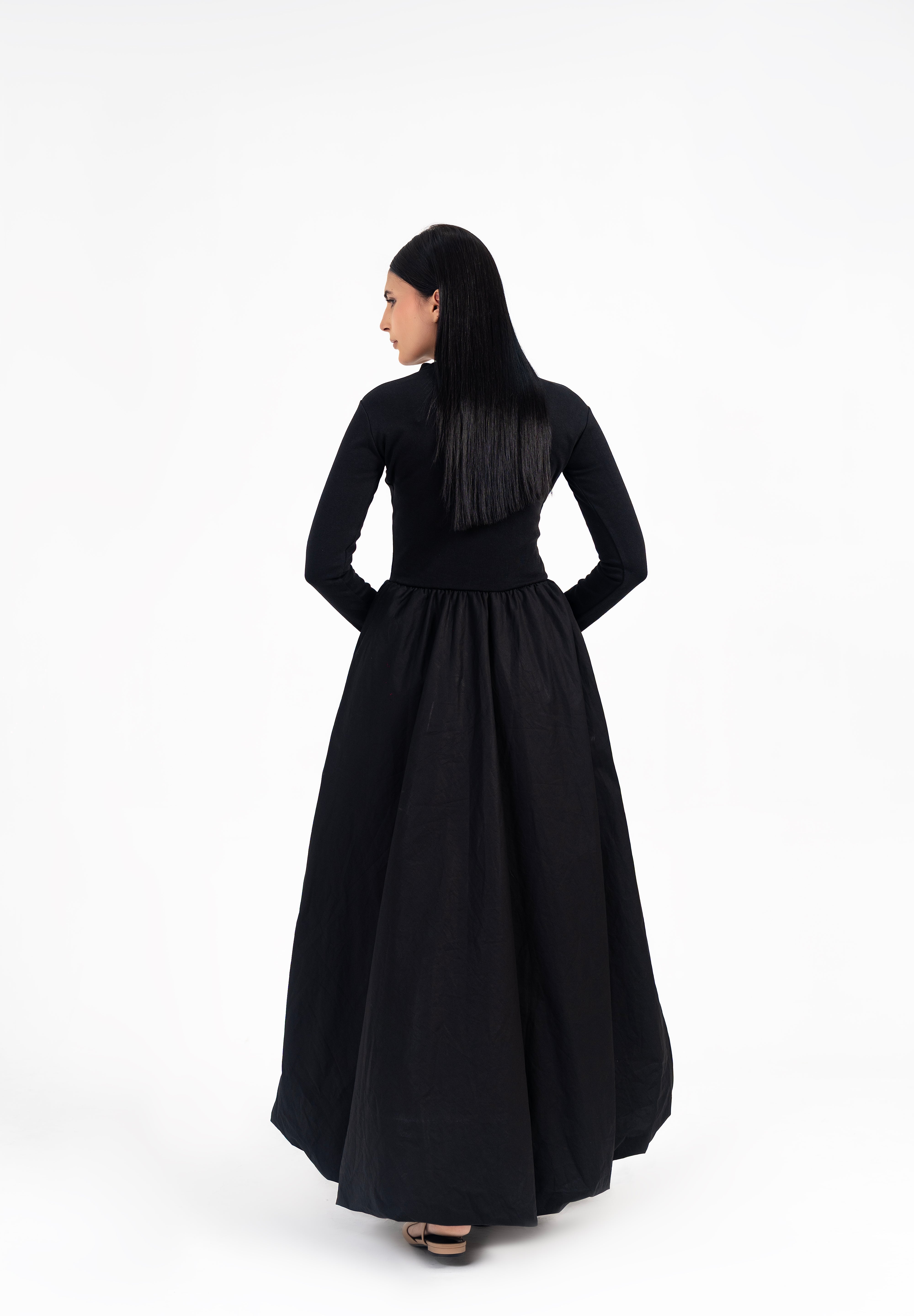 Full Sleeve Ribbed Bubble Hem Dress - Black