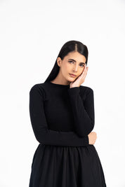 Full Sleeve Ribbed Bubble Hem Dress - Black